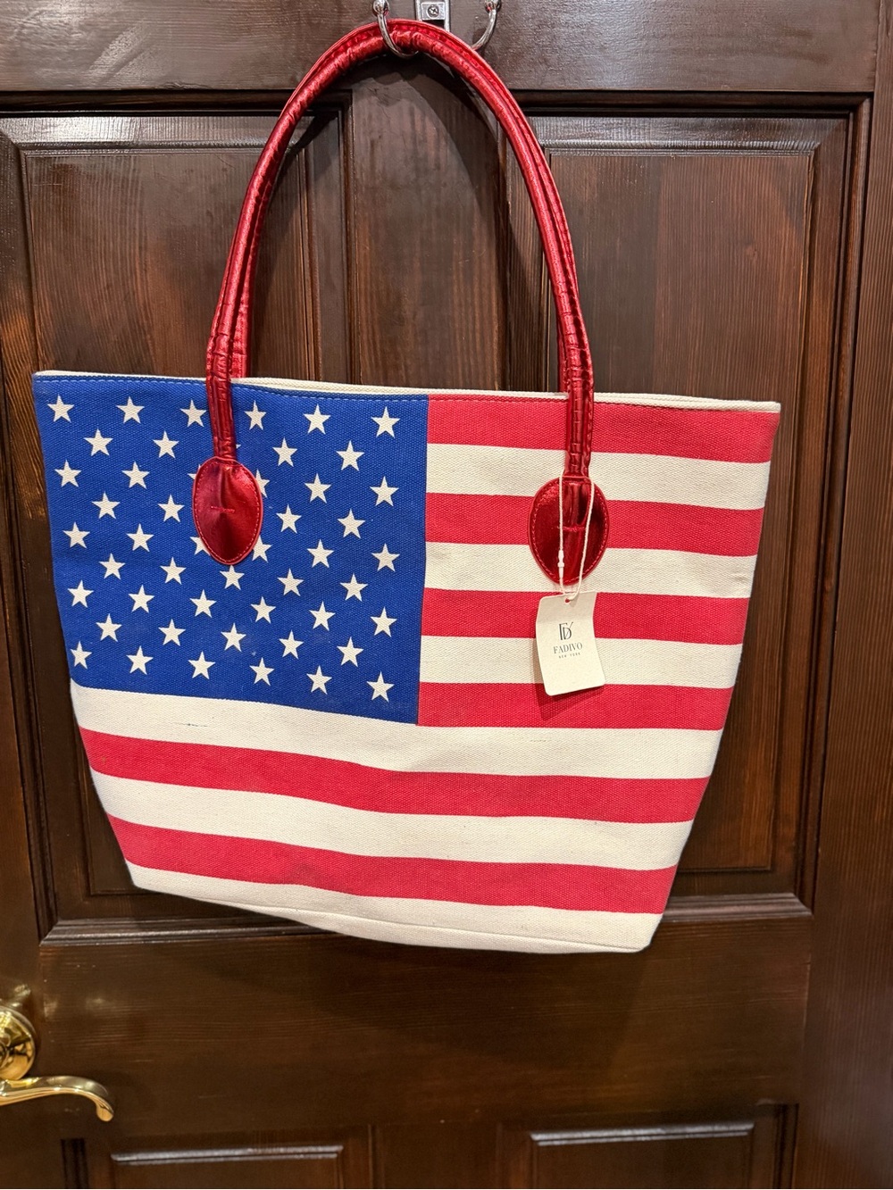 Patriotic Canvas Tote with Red Handles